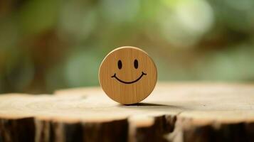 A wooden block label with happy smile relax face good feedback customer. World mental health day concept by AI Generated photo