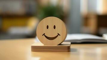 A wooden block label with happy smile relax face good feedback customer. World mental health day concept by AI Generated photo