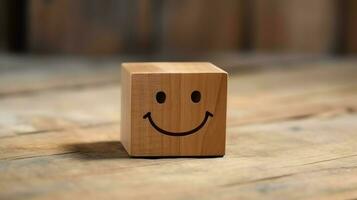 A wooden block label with happy smile relax face good feedback customer. World mental health day concept by AI Generated photo