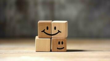 A wooden block label with happy smile relax face good feedback customer. World mental health day concept by AI Generated photo
