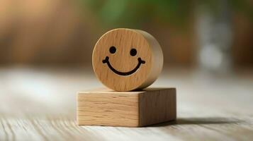 A wooden block label with happy smile relax face good feedback customer. World mental health day concept by AI Generated photo