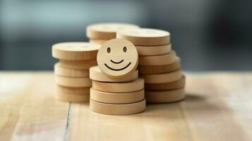 A wooden block label with happy smile relax face good feedback customer. World mental health day concept by AI Generated photo