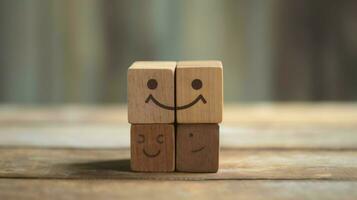 A wooden block label with happy smile relax face good feedback customer. World mental health day concept by AI Generated photo
