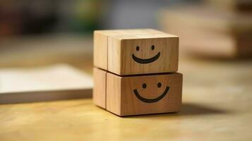 A wooden block label with happy smile relax face good feedback customer. World mental health day concept by AI Generated photo