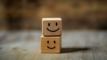 A wooden block label with happy smile relax face good feedback customer. World mental health day concept by AI Generated photo