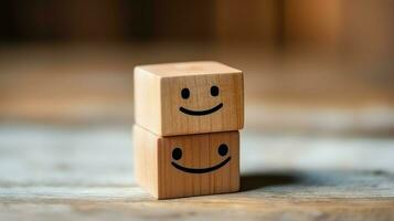 A wooden block label with happy smile relax face good feedback customer. World mental health day concept by AI Generated photo