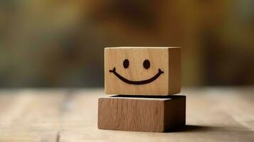 A wooden block label with happy smile relax face good feedback customer. World mental health day concept by AI Generated photo