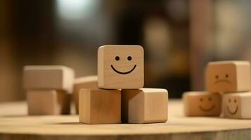 A wooden block label with happy smile relax face good feedback customer. World mental health day concept by AI Generated photo