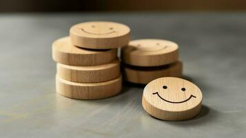 A wooden block label with happy smile relax face good feedback customer. World mental health day concept by AI Generated photo