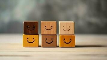 A wooden block label with happy smile relax face good feedback customer. World mental health day concept by AI Generated photo