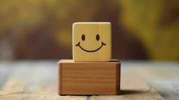 A wooden block label with happy smile relax face good feedback customer. World mental health day concept by AI Generated photo