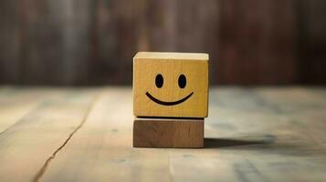 A wooden block label with happy smile relax face good feedback customer. World mental health day concept by AI Generated photo
