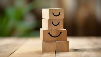A wooden block label with happy smile relax face good feedback customer. World mental health day concept by AI Generated photo