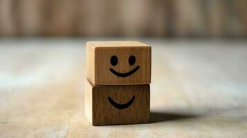 A wooden block label with happy smile relax face good feedback customer. World mental health day concept by AI Generated photo