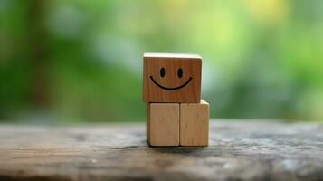 A wooden block label with happy smile relax face good feedback customer. World mental health day concept by AI Generated photo