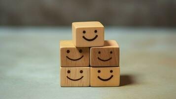 A wooden block label with happy smile relax face good feedback customer. World mental health day concept by AI Generated photo