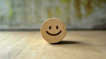 A wooden block label with happy smile relax face good feedback customer. World mental health day concept by AI Generated photo