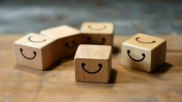 A wooden block label with happy smile relax face good feedback customer. World mental health day concept by AI Generated photo