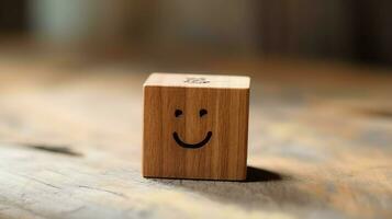 A wooden block label with happy smile relax face good feedback customer. World mental health day concept by AI Generated photo