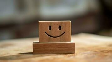 A wooden block label with happy smile relax face good feedback customer. World mental health day concept by AI Generated photo