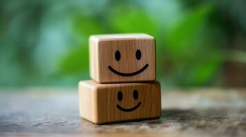 A wooden block label with happy smile relax face good feedback customer. World mental health day concept by AI Generated photo