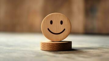 A wooden block label with happy smile relax face good feedback customer. World mental health day concept by AI Generated photo