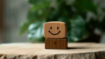 A wooden block label with happy smile relax face good feedback customer. World mental health day concept by AI Generated photo