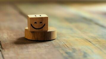 A wooden block label with happy smile relax face good feedback customer. World mental health day concept by AI Generated photo