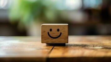 A wooden block label with happy smile relax face good feedback customer. World mental health day concept by AI Generated photo