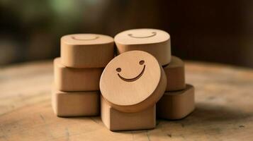 A wooden block label with happy smile relax face good feedback customer. World mental health day concept by AI Generated photo