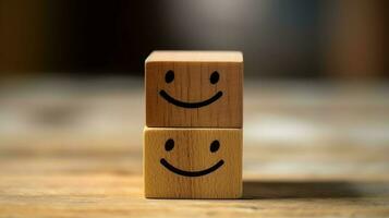 A wooden block label with happy smile relax face good feedback customer. World mental health day concept by AI Generated photo