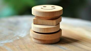 A wooden block label with happy smile relax face good feedback customer. World mental health day concept by AI Generated photo