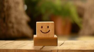 A wooden block label with happy smile relax face good feedback customer. World mental health day concept by AI Generated photo