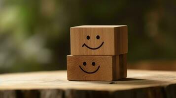 A wooden block label with happy smile relax face good feedback customer. World mental health day concept by AI Generated photo