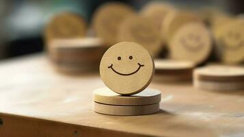 A wooden block label with happy smile relax face good feedback customer. World mental health day concept by AI Generated photo