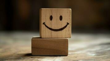 A wooden block label with happy smile relax face good feedback customer. World mental health day concept by AI Generated photo