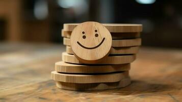 A wooden block label with happy smile relax face good feedback customer. World mental health day concept by AI Generated photo