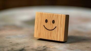 A wooden block label with happy smile relax face good feedback customer. World mental health day concept by AI Generated photo