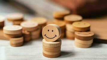 A wooden block label with happy smile relax face good feedback customer. World mental health day concept by AI Generated photo