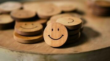 A wooden block label with happy smile relax face good feedback customer. World mental health day concept by AI Generated photo