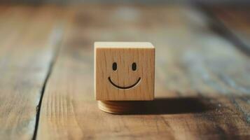 A wooden block label with happy smile relax face good feedback customer. World mental health day concept by AI Generated photo