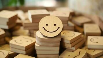 un de madera bloquear etiqueta con contento sonrisa relajarse cara bueno realimentación cliente. mundo mental salud día concepto por ai generado foto