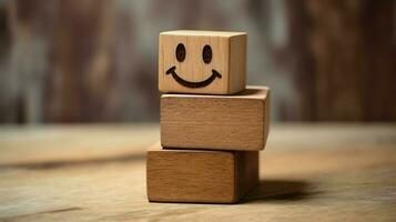 A wooden block label with happy smile relax face good feedback customer. World mental health day concept by AI Generated photo