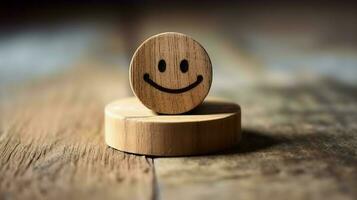 A wooden block label with happy smile relax face good feedback customer. World mental health day concept by AI Generated photo