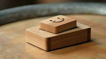 A wooden block label with happy smile relax face good feedback customer. World mental health day concept by AI Generated photo