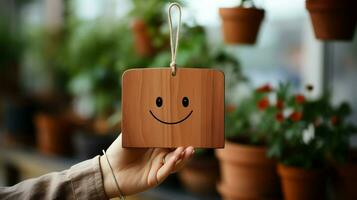 A wooden block label with happy smile relax face good feedback customer. World mental health day concept by AI Generated photo