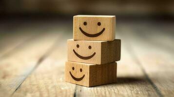 A wooden block label with happy smile relax face good feedback customer. World mental health day concept by AI Generated photo