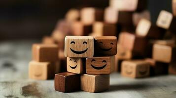 A wooden block label with happy smile relax face good feedback customer. World mental health day concept by AI Generated photo