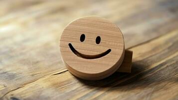 A wooden block label with happy smile relax face good feedback customer. World mental health day concept by AI Generated photo