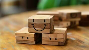 A wooden block label with happy smile relax face good feedback customer. World mental health day concept by AI Generated photo